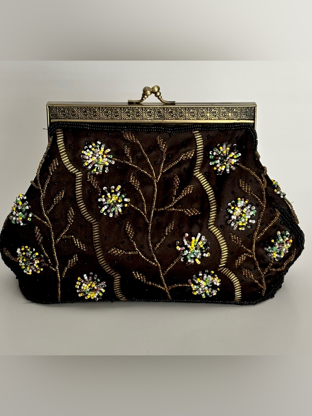 Vintage Floral Beaded Evening Bag Gold Frame Formal Purse